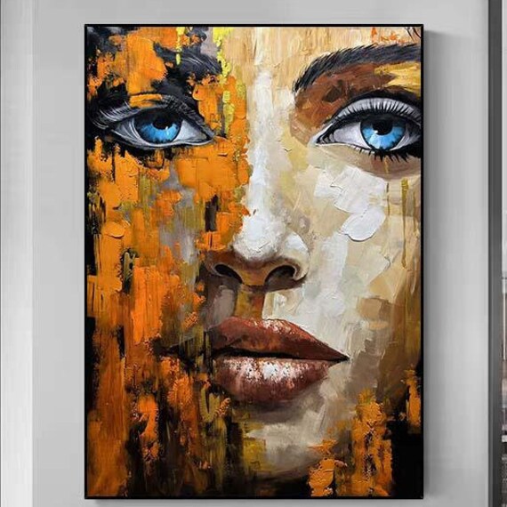 Abstract Lady Painting Framed Orange And Beige Woman Painting Woman Face Artwork Original Maiden Art Face Art Large Abstract Painting