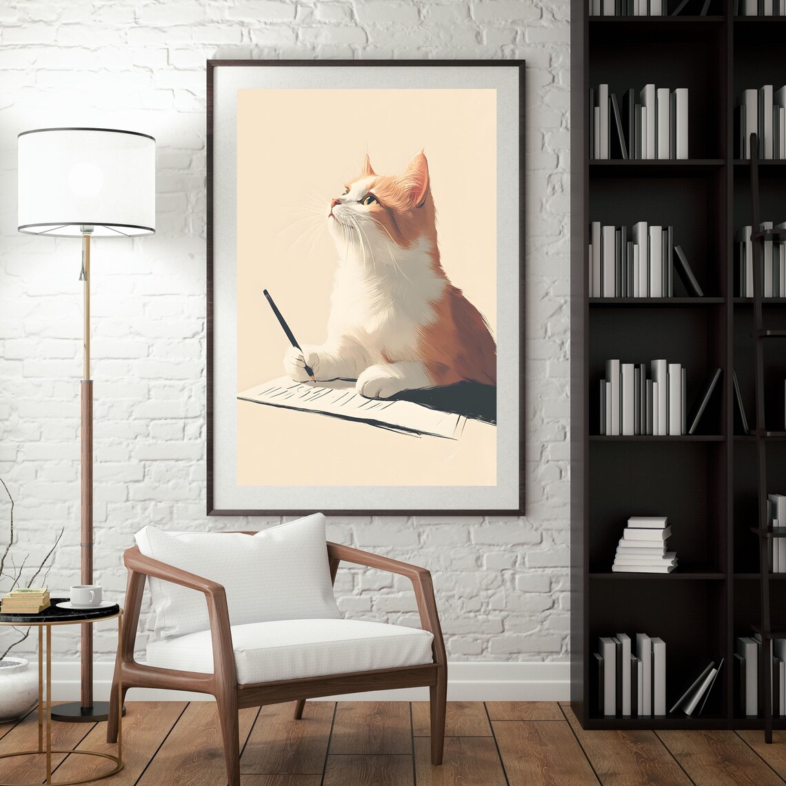Thoughtful Orange and White Cat Holding a Pen Over an Open Notebook Poster - Image 4