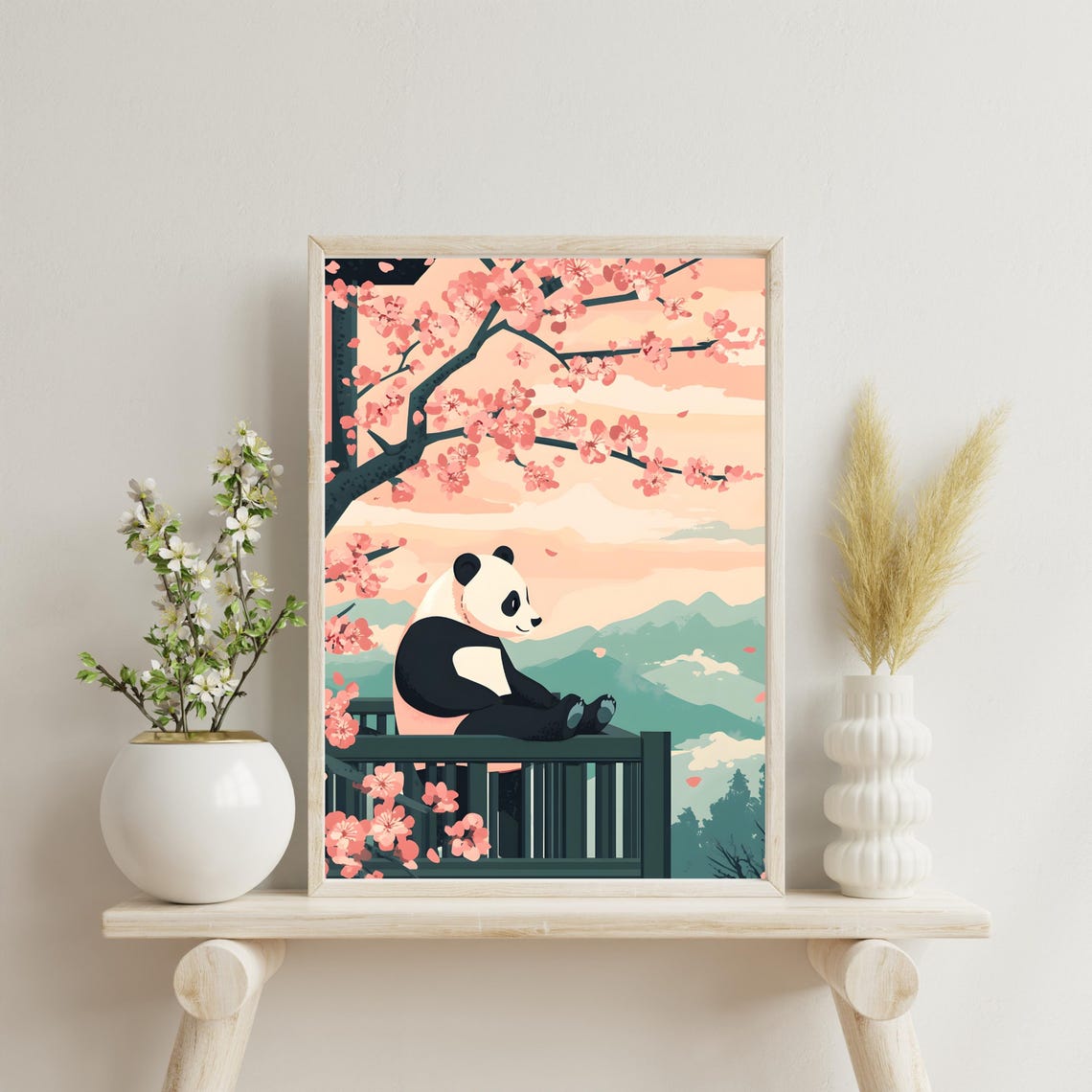 Panda Resting Under Cherry Blossoms At Mountain Sunset Poster - Image 3