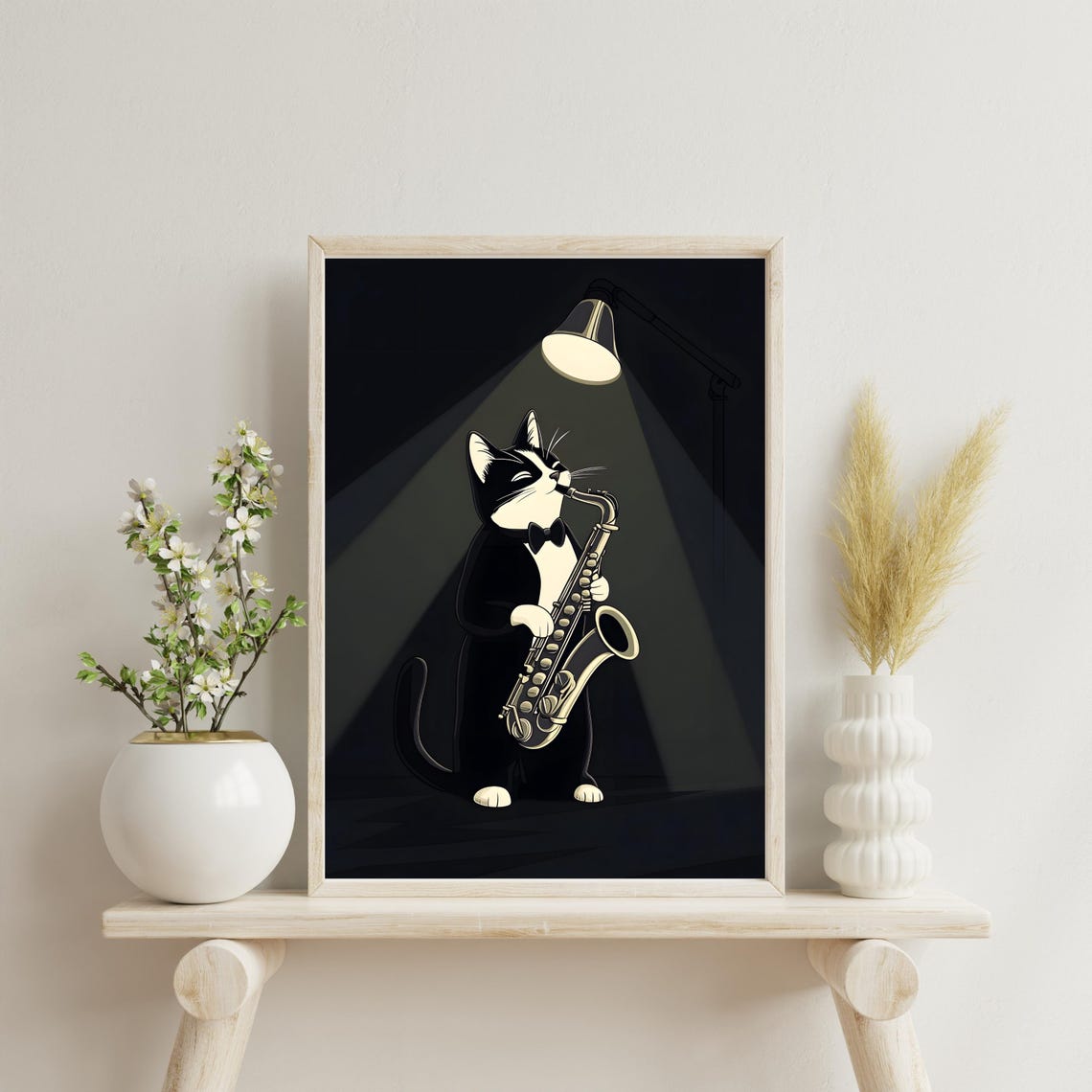 Black and White Cat Playing Saxophone Under Lamp Light Poster - Image 6