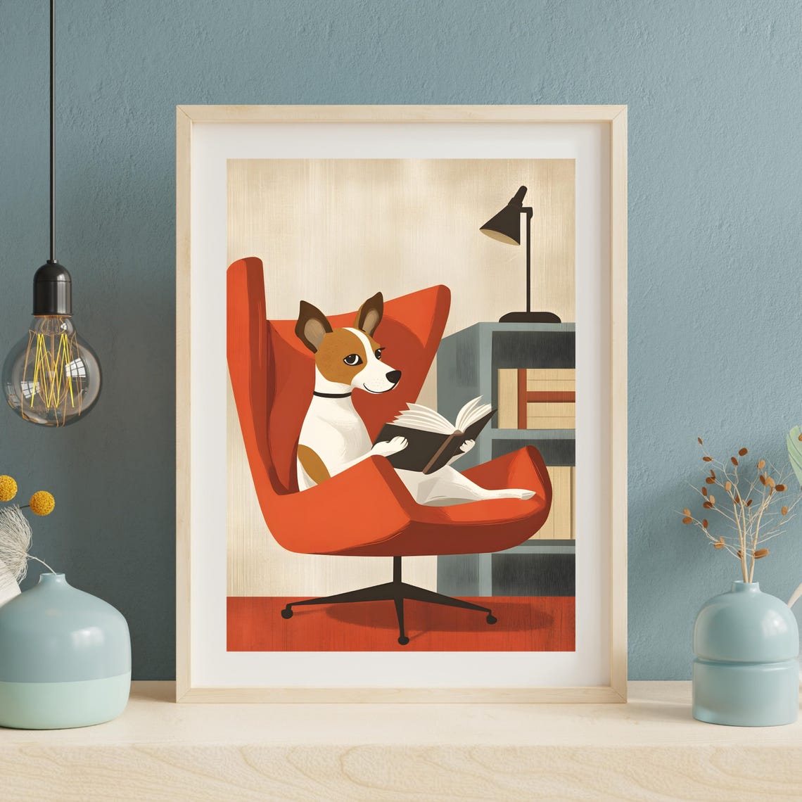 Jack Russell Dog Reading A Book In A Red Armchair Mid Century Poster - Image 3