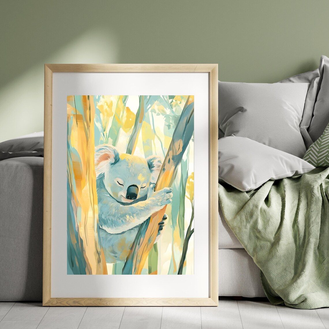 Sleepy Koala Hugging a Sunlit Eucalyptus Trunk in a Soft Painted Forest Poster - Image 8