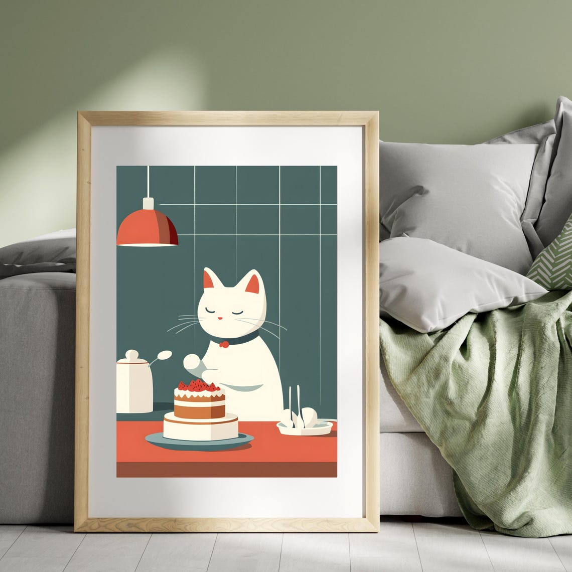 Cat Decorating Strawberry Cake Cute Kitchen Animal Nursery Art Poster - Image 5