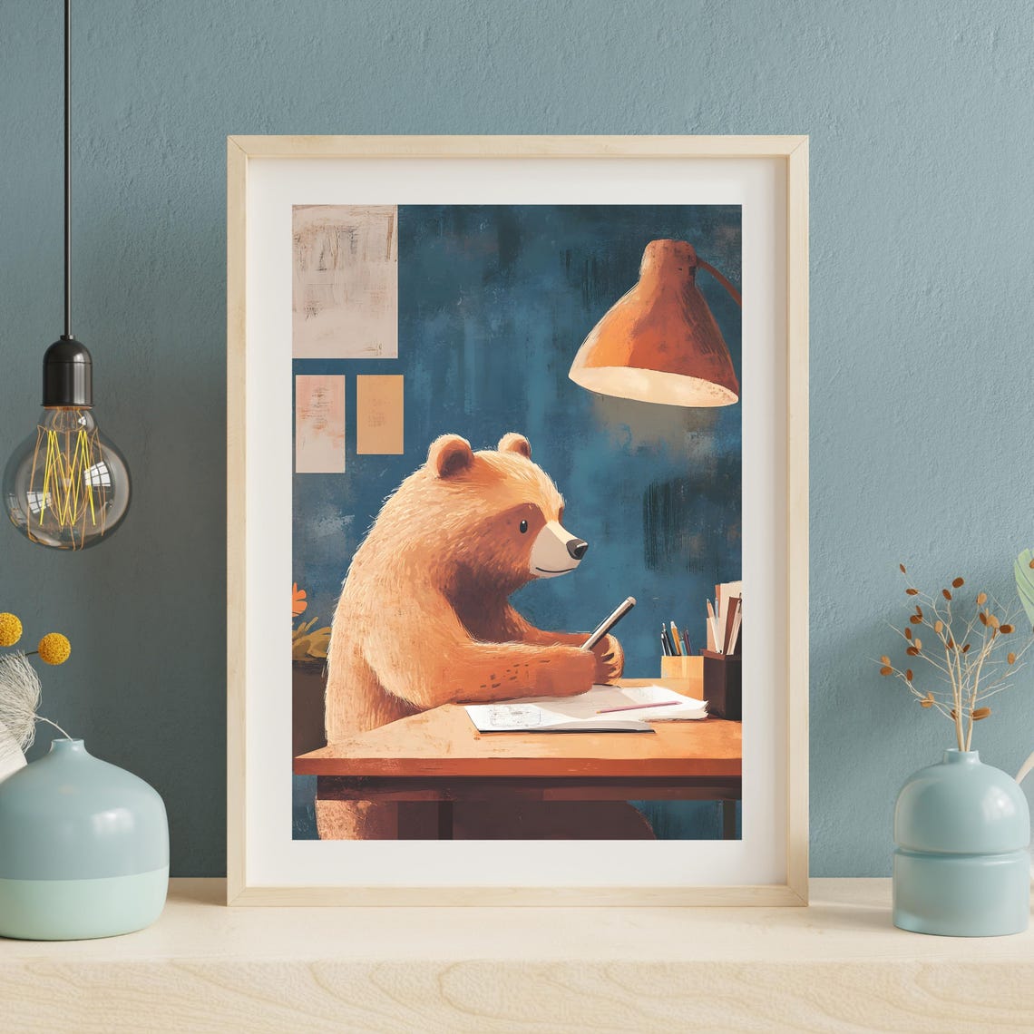 Cute Brown Bear Writing In A Notebook At A Desk Under A Lamp Poster