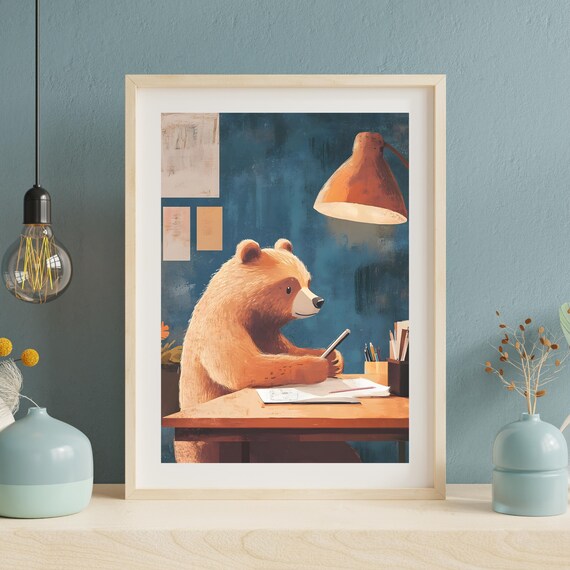 Cute Brown Bear Writing In A Notebook At A Desk Under A Lamp Poster