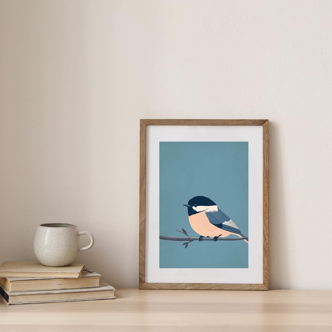 Minimalist Chickadee Perched on a Branch Dusty Blue Bird Poster - Image 3
