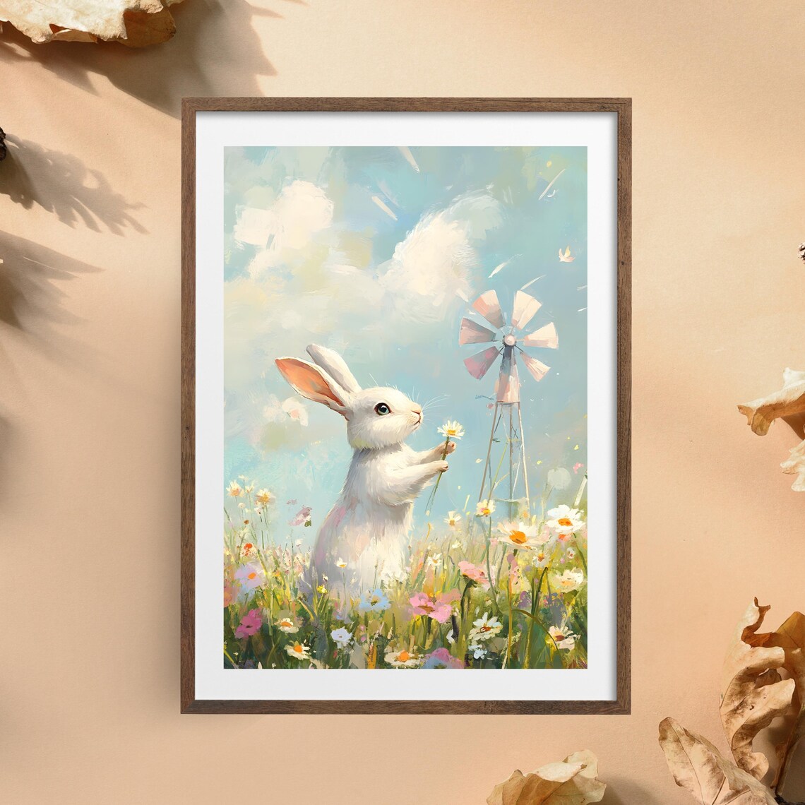 Playful White Bunny Holding a Daisy in a Blooming Spring Flower Meadow Poster - Image 4