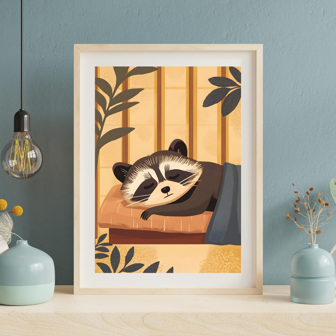 Sleeping Raccoon Napping On A Cushion In Warm Autumn Tones Poster - Image 3