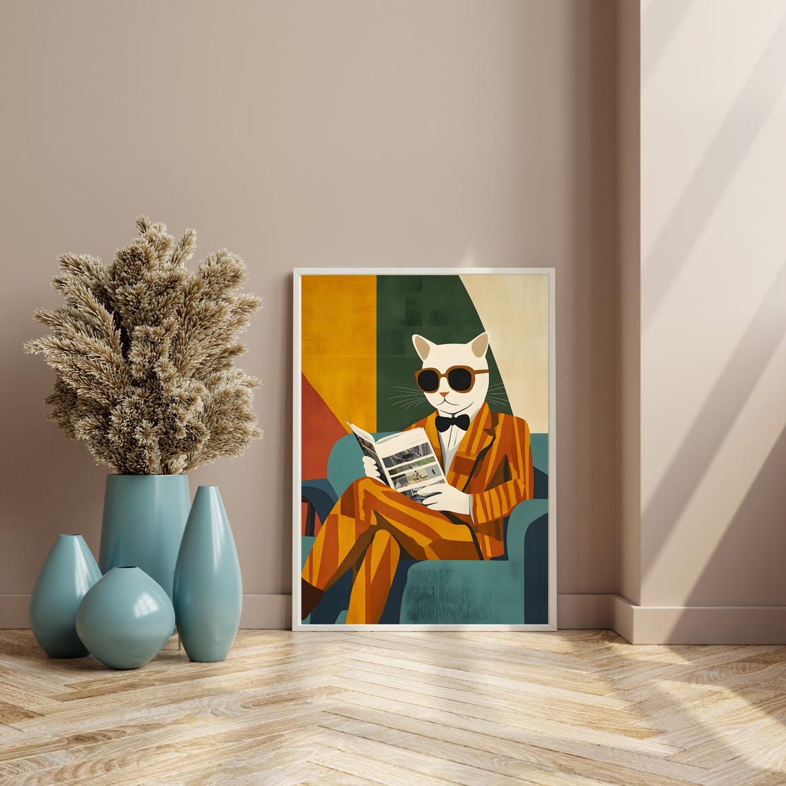 Classy Cat Suit Sunglasses Reading Newspaper Retro Style Art Poster - Image 2