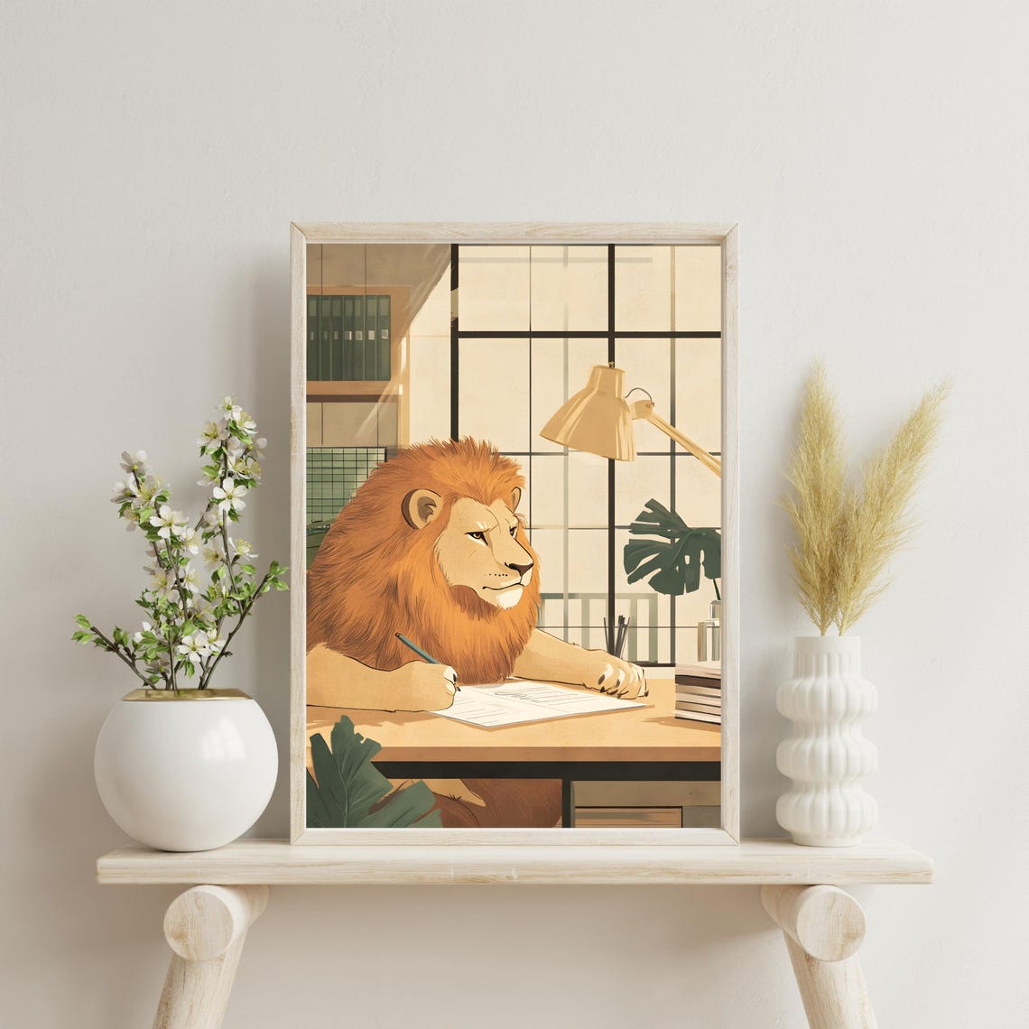 Focused Lion Writing at Office Desk Whimsical Animal Office Poster - Image 2