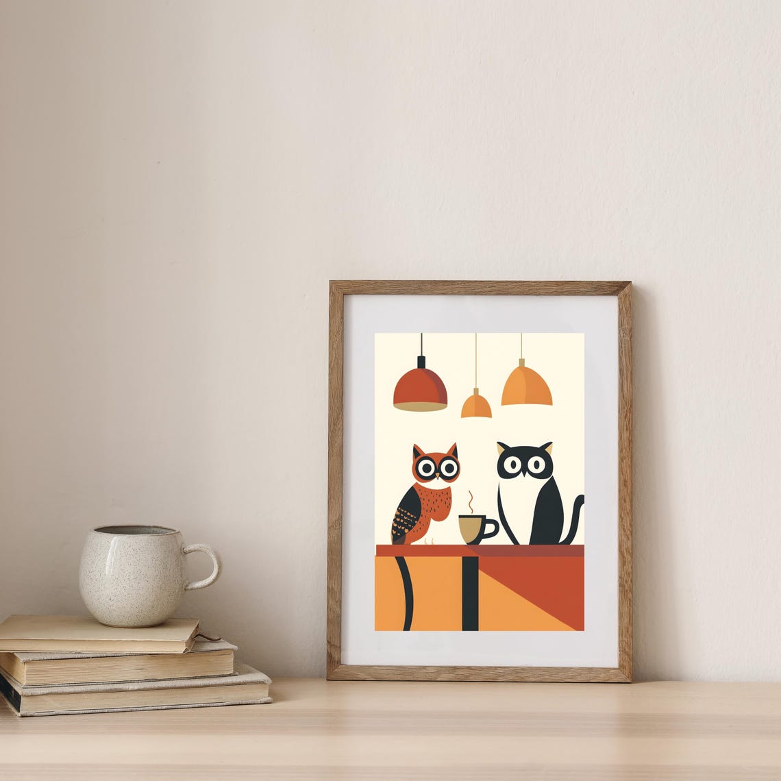 Owl and Cat Sharing Coffee at Mid Century Modern Cafe Poster - Image 6