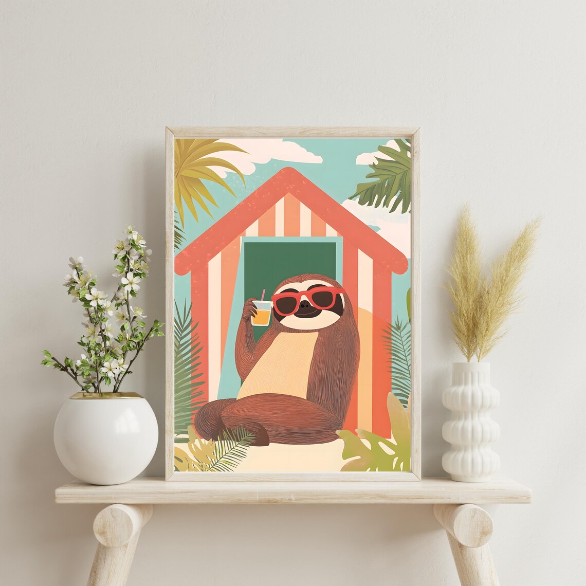Chill Sloth in Red Sunglasses Sipping Juice Before a Striped Beach Hut Poster - Image 8