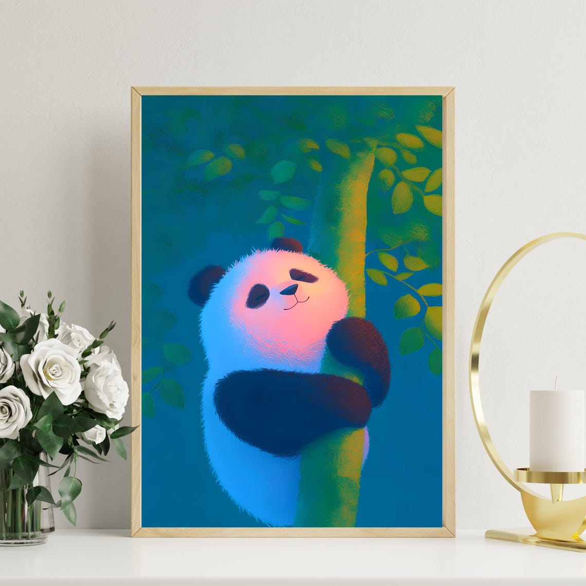 Dreamy Panda Hugging Tree In Teal Forest Nursery Animal Poster