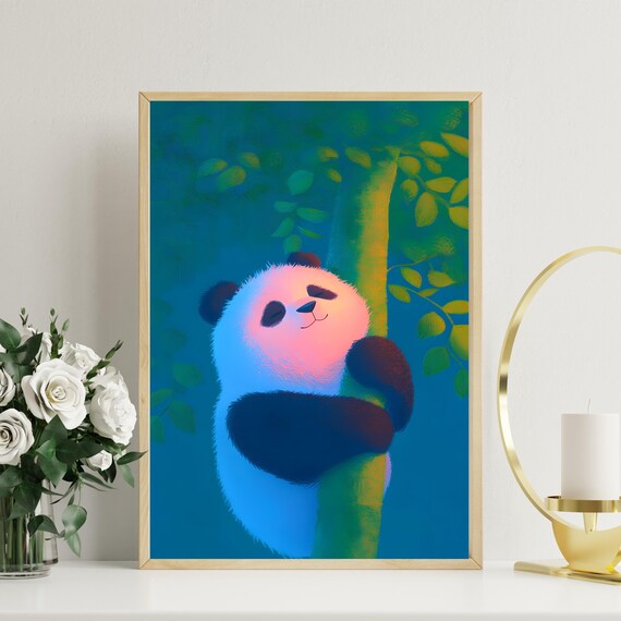 Dreamy Panda Hugging Tree In Teal Forest Nursery Animal Poster