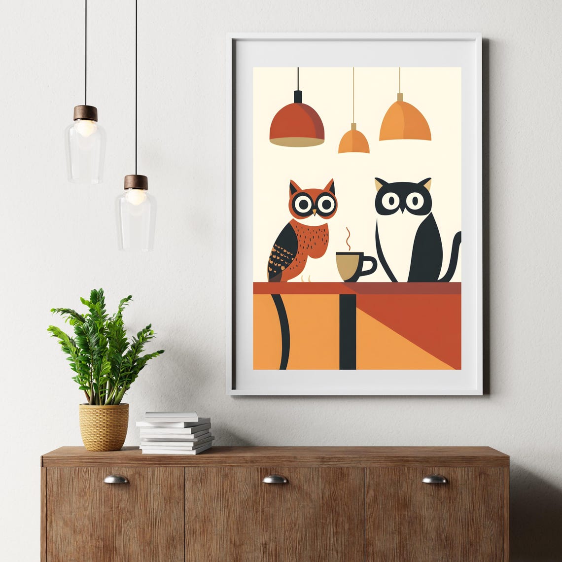 Owl and Cat Sharing Coffee at Mid Century Modern Cafe Poster - Image 8