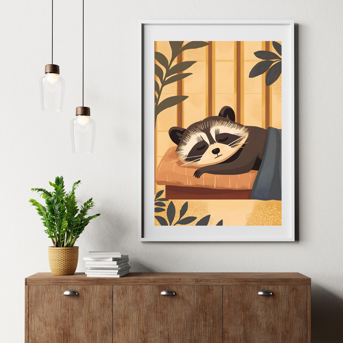Sleeping Raccoon Napping On A Cushion In Warm Autumn Tones Poster - Image 6