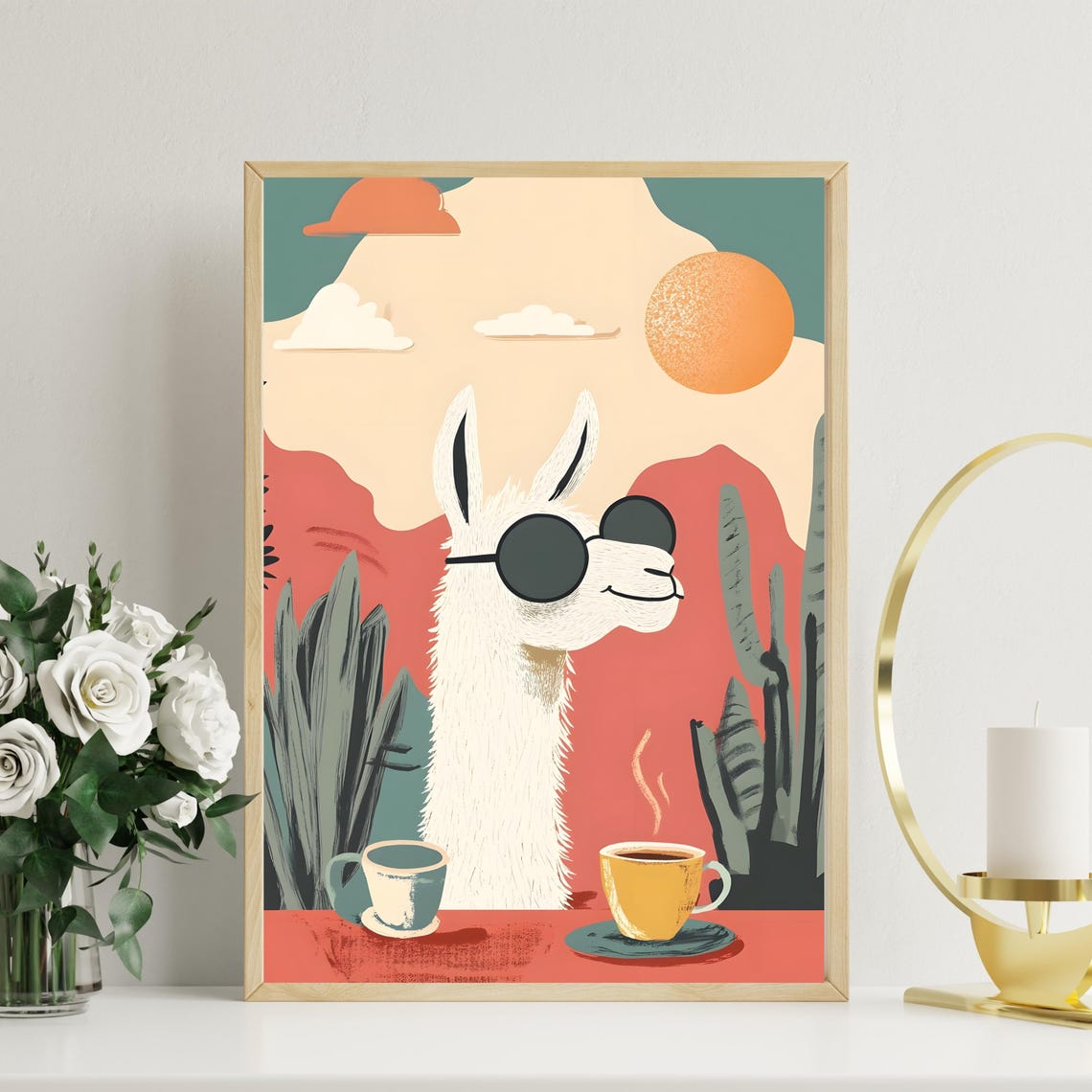 Cool Llama in Sunglasses with Two Coffee Cups on a Desert Poster - Image 2