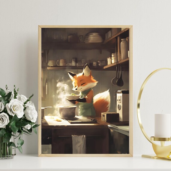 Red Fox Chef Tasting a Steaming Bowl in Cozy Dark Kitchen Poster