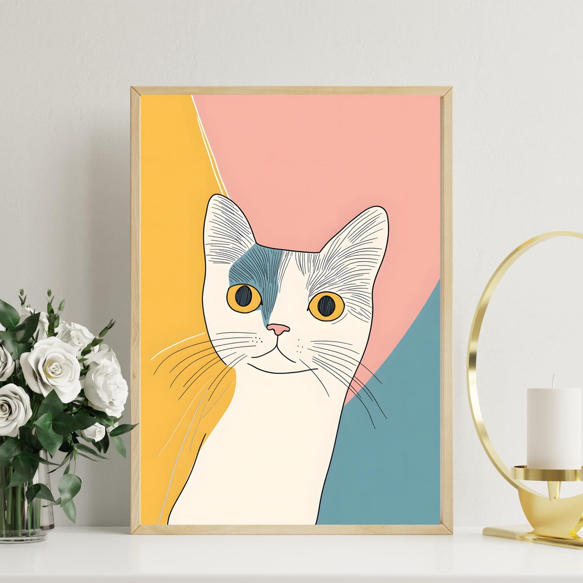 Minimalist Cat Portrait On Pastel Color Blocks Modern Line Art Print - Image 2