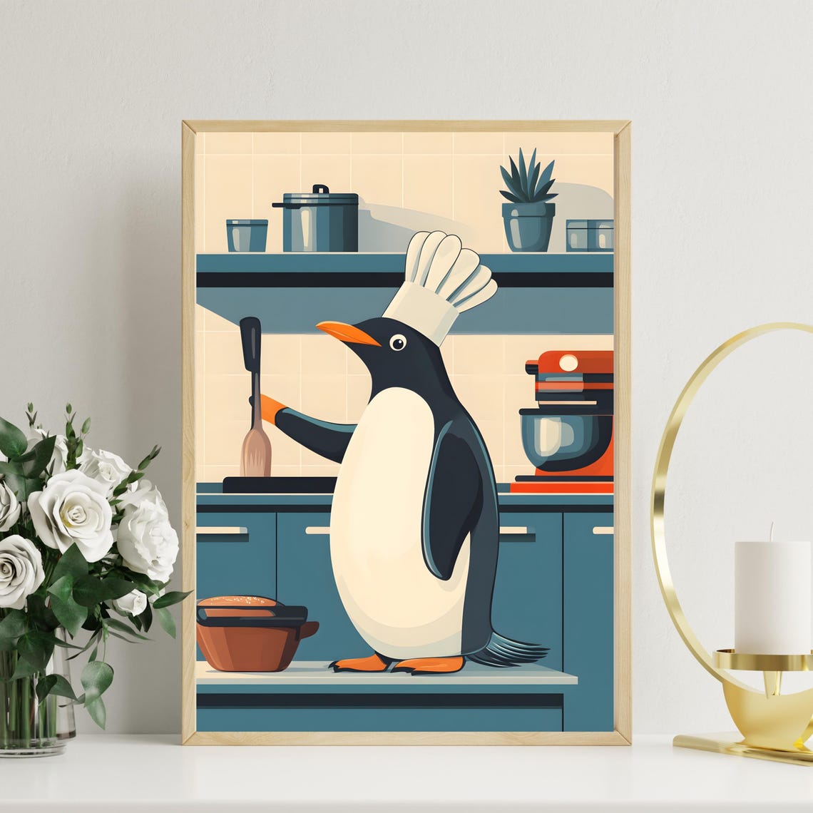 Penguin Chef With Spatula Cooking in a Retro Teal Kitchen Poster - Image 2