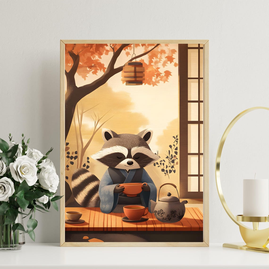 Japanese Tea Ceremony Raccoon in Kimono Autumn Garden Poster - Image 2
