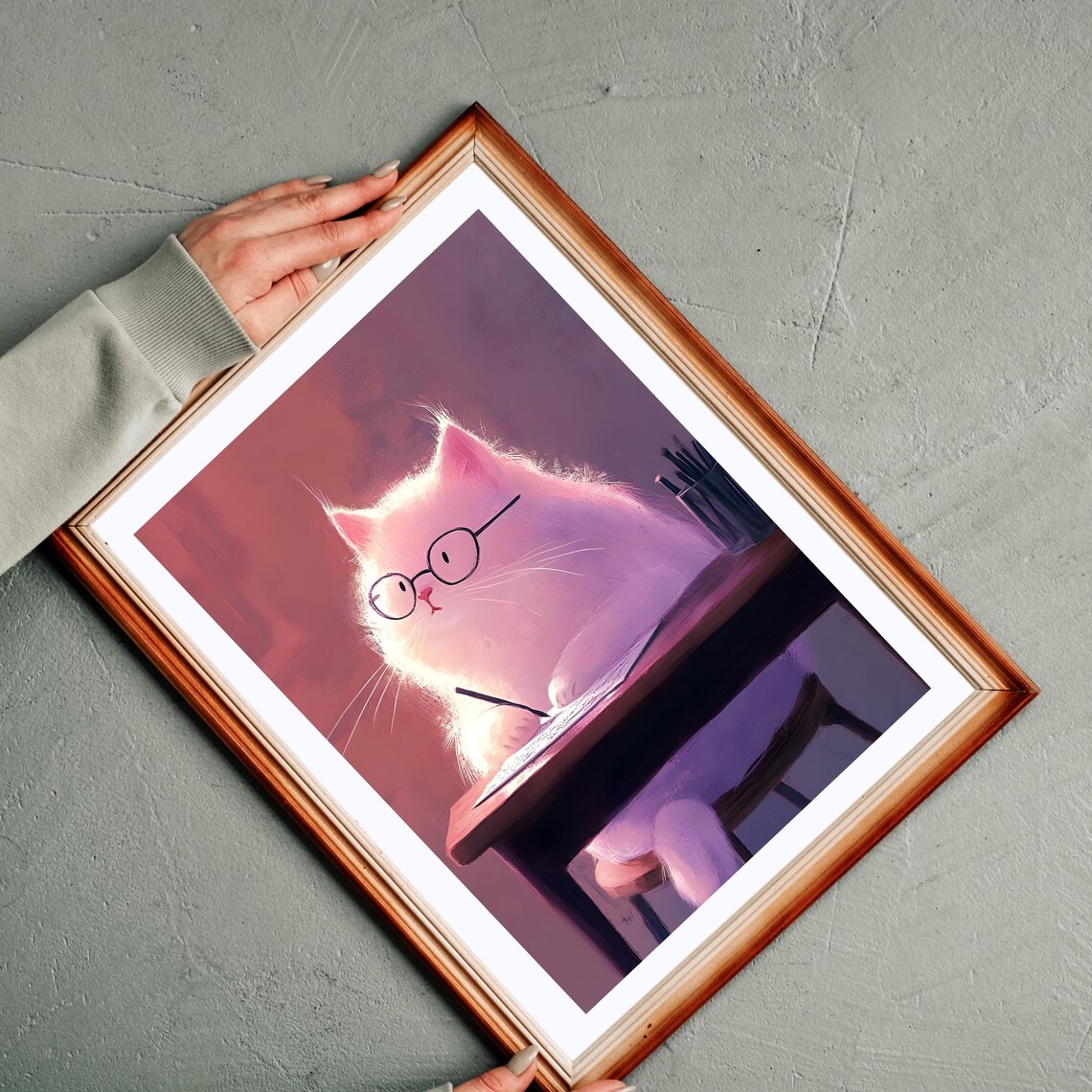 Fluffy White Cat in Glasses Writing at a Wooden Desk in Rose Light Poster - Image 7