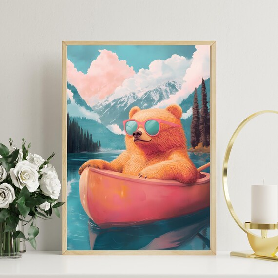 Relaxed Orange Bear in Pink Sunglasses Drifting in a Pink Canoe on a Lake Poster