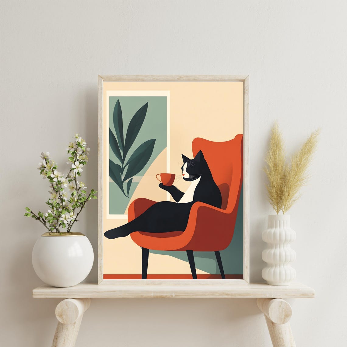Black and White Cat Sipping Coffee in Orange Armchair Poster - Image 4