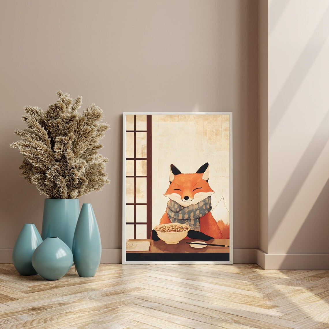 Happy Red Fox in a Patterned Scarf Savoring a Steaming Noodle Bowl Poster - Image 8