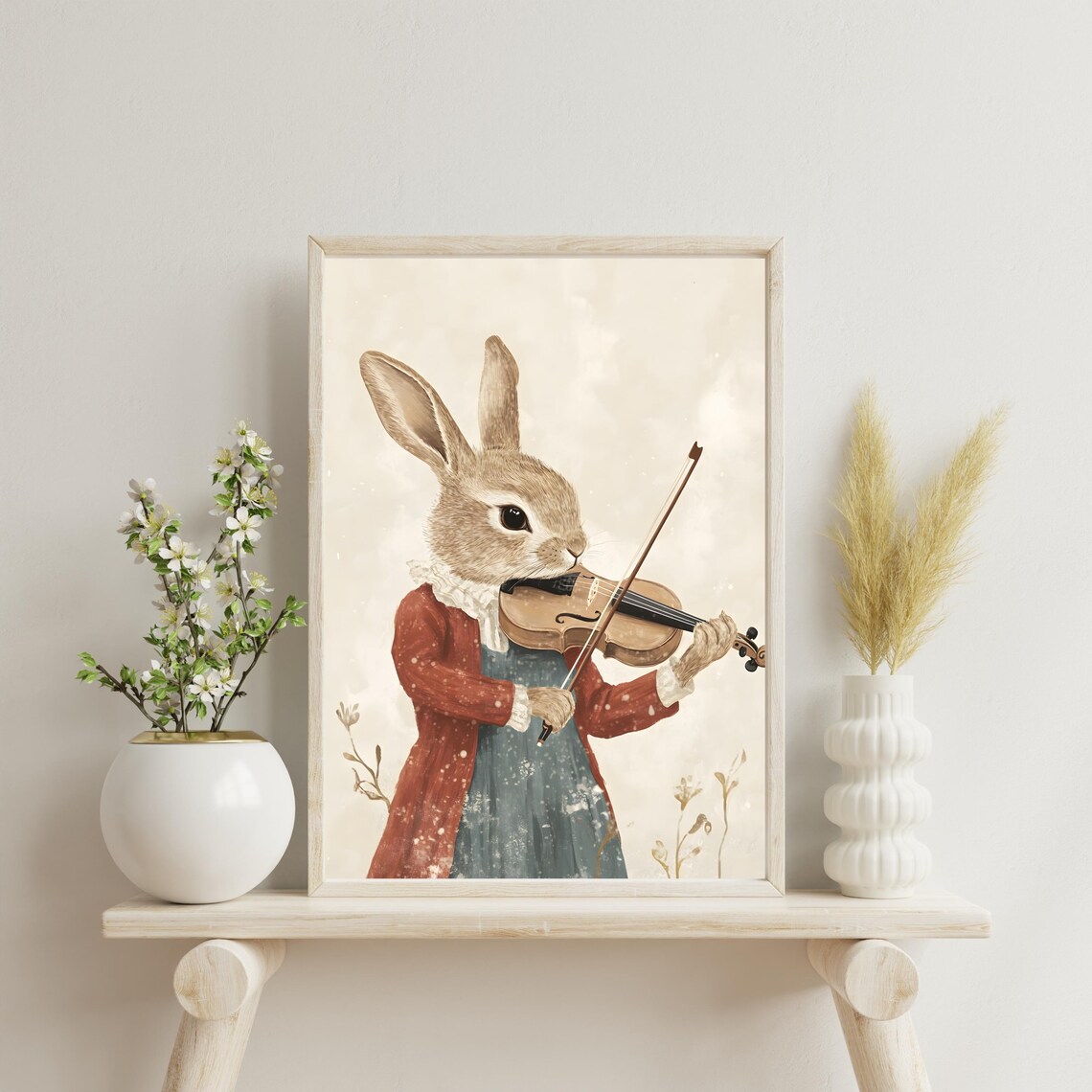 Elegant Rabbit Violinist in a Red Coat Playing Violin Vintage Style Poster - Image 2