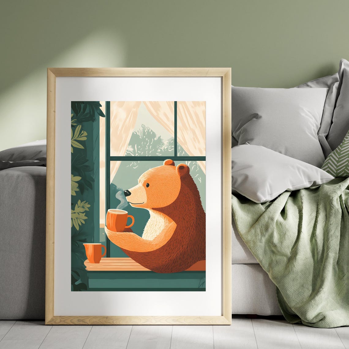 Cozy Brown Bear Drinking Coffee by a Sunny Forest Window Poster - Image 8