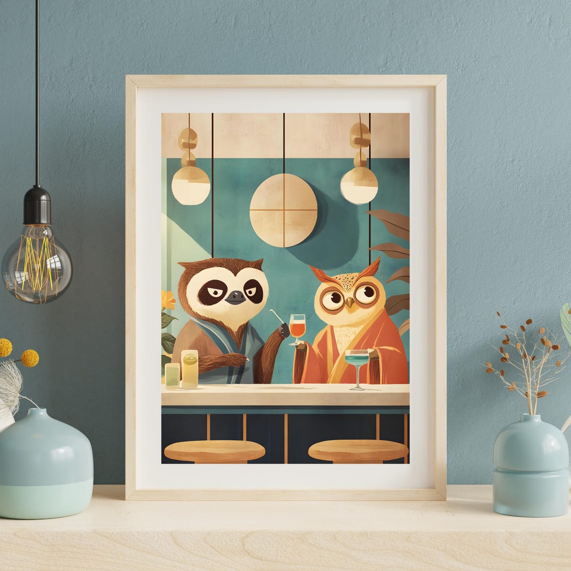 Owl and Sloth Drinking Cocktails at a Cozy Mid Century Bar Poster - Image 2