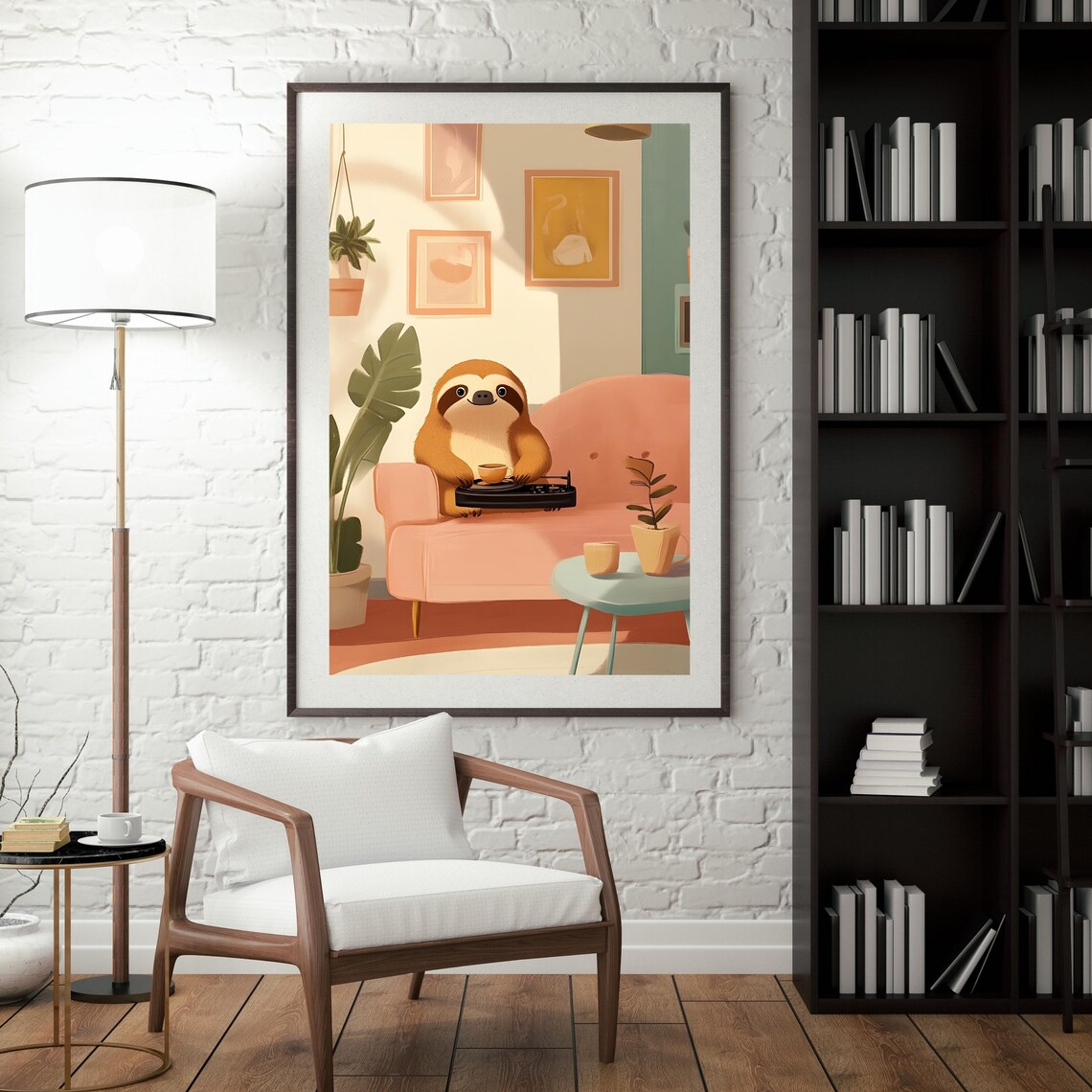 Content Sloth Relaxing on a Pink Sofa With a Cup of Tea and a Laptop Poster - Image 3