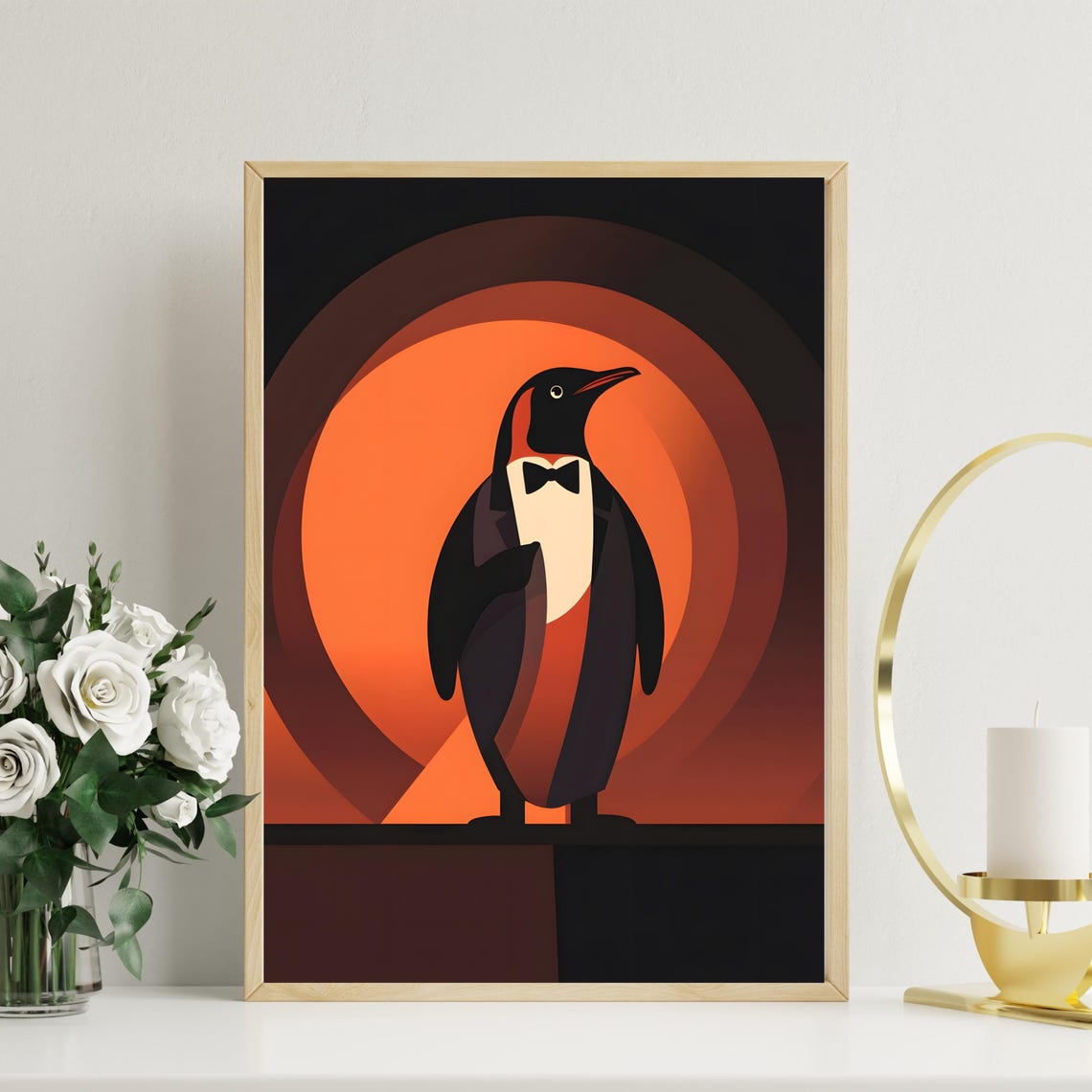 Elegant Penguin in Tuxedo Against Art Deco Orange Circles Poster - Image 3