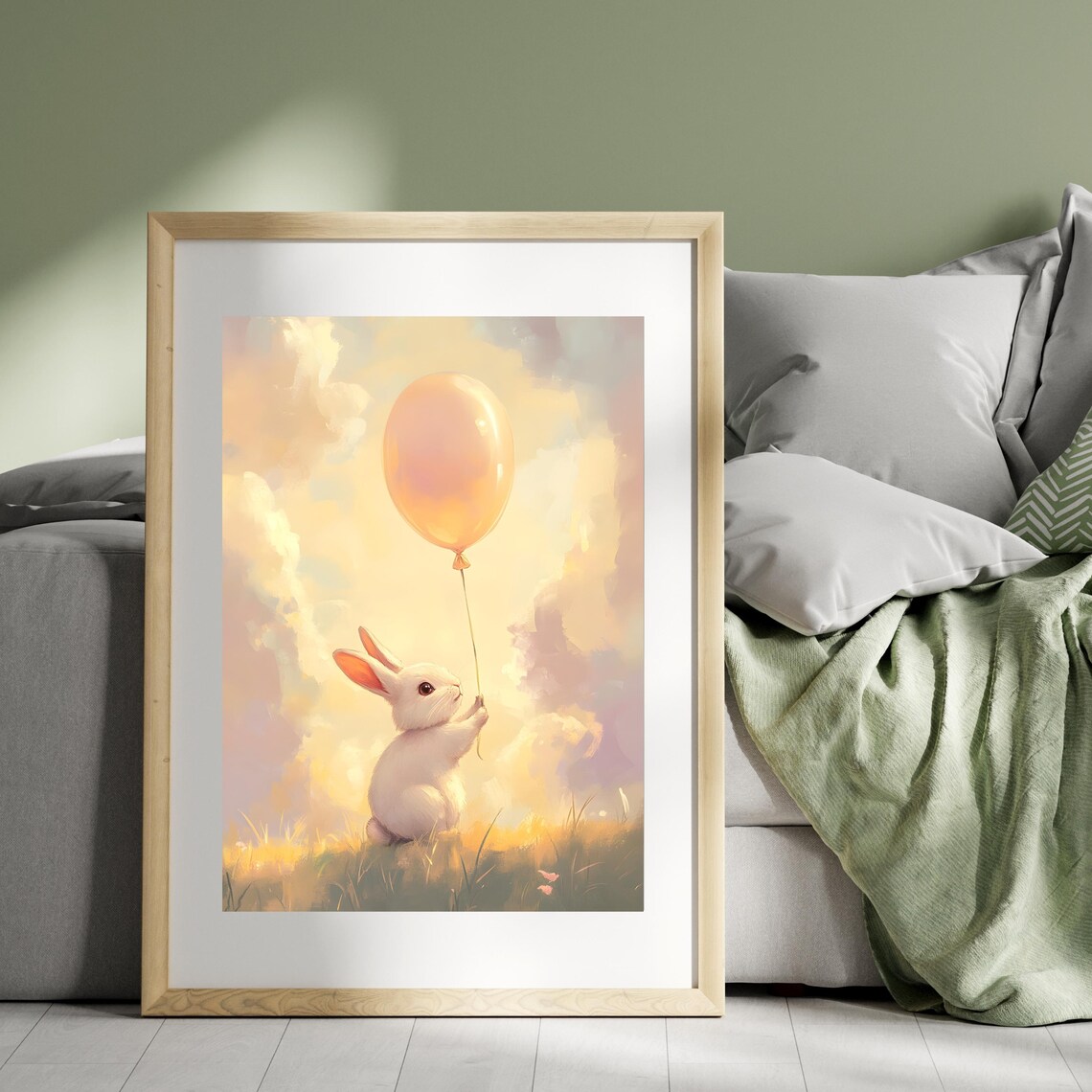 Tiny White Bunny Holding a Glowing Orange Balloon in a Sunset Meadow Poster - Image 2