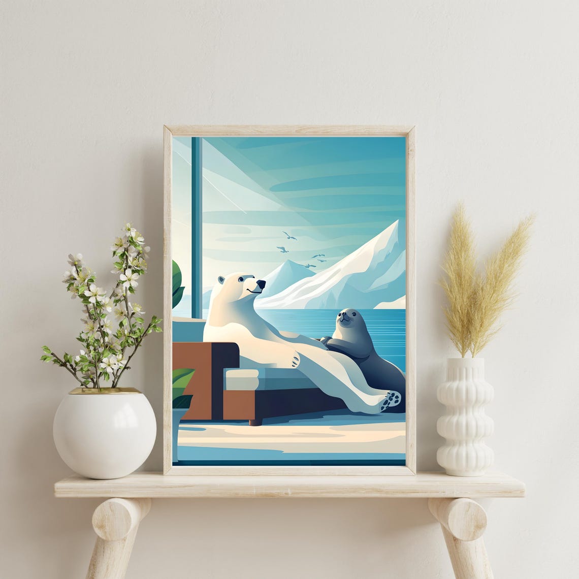 Polar Bear and Seal Relaxing on a Patio over the Arctic Bay Poster - Image 7