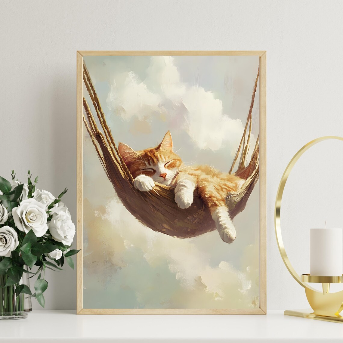 Fluffy Orange Cat Napping Peacefully in a Rope Hammock Among Soft Clouds Poster