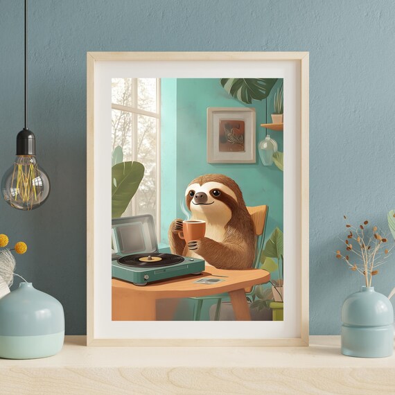 Smiling Sloth Drinking Hot Coffee Beside a Vintage Mint Record Player Poster