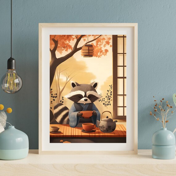 Japanese Tea Ceremony Raccoon in Kimono Autumn Garden Poster