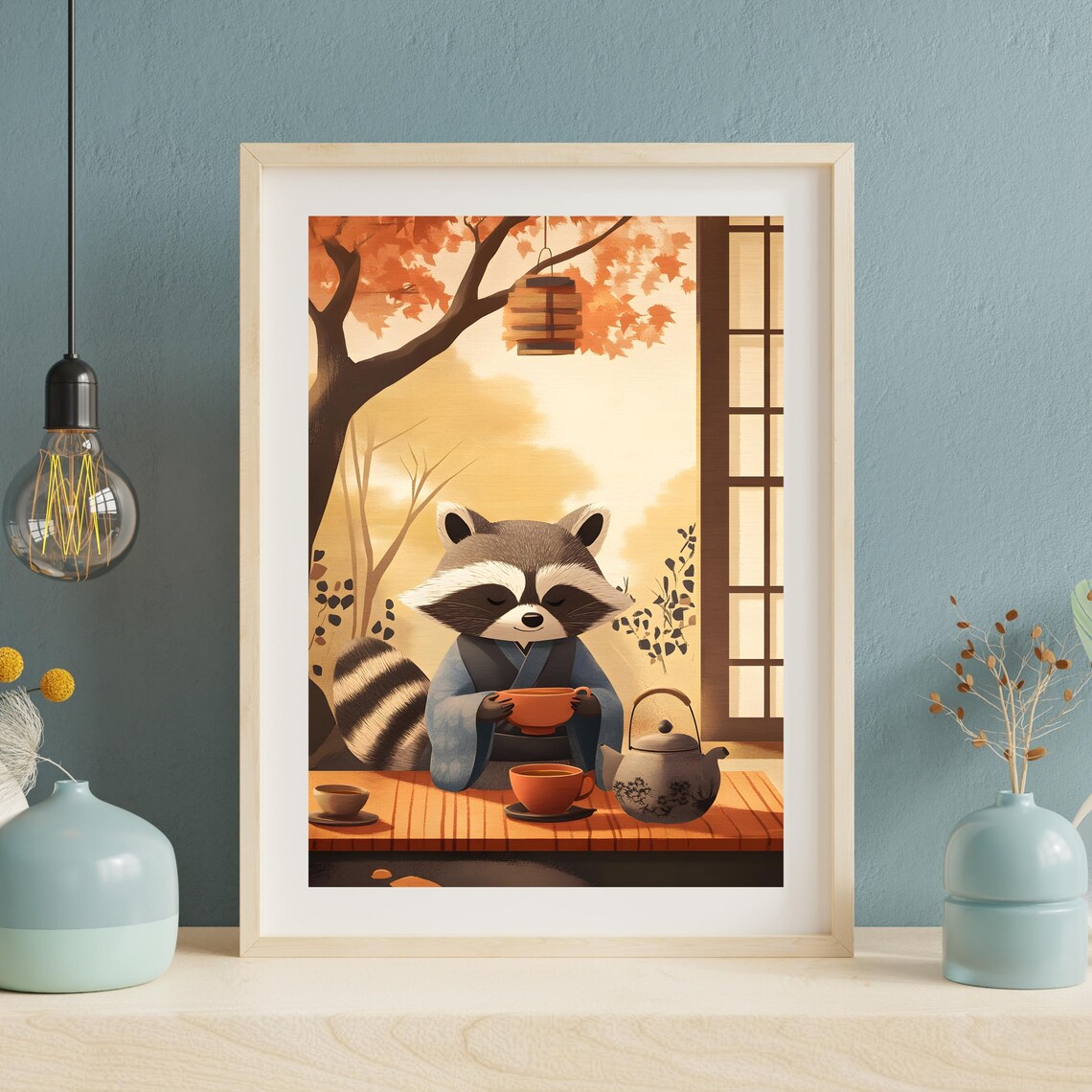 Japanese Tea Ceremony Raccoon in Kimono Autumn Garden Poster