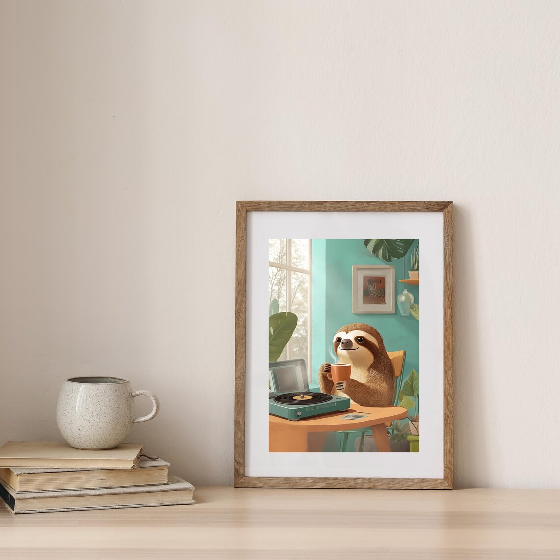 Smiling Sloth Drinking Hot Coffee Beside a Vintage Mint Record Player Poster - Image 2