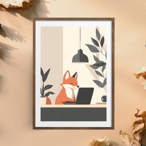 Fox Working Laptop Minimalist Office Desk Cute Animal Art Poster