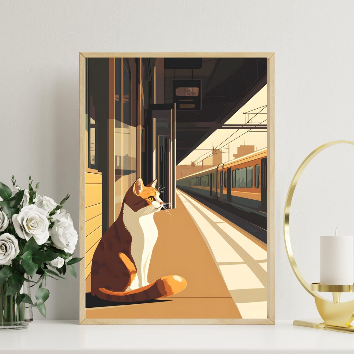 Brown and White Cat Waiting on Train Station Platform Poster - Image 2