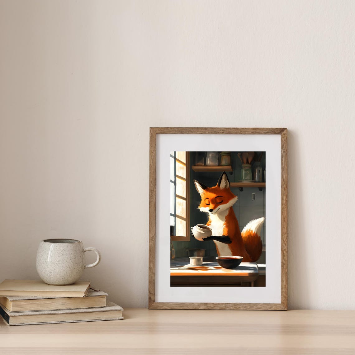 Cheerful Orange Fox Holding Teapot in Sunlit Kitchen Window Poster - Image 3