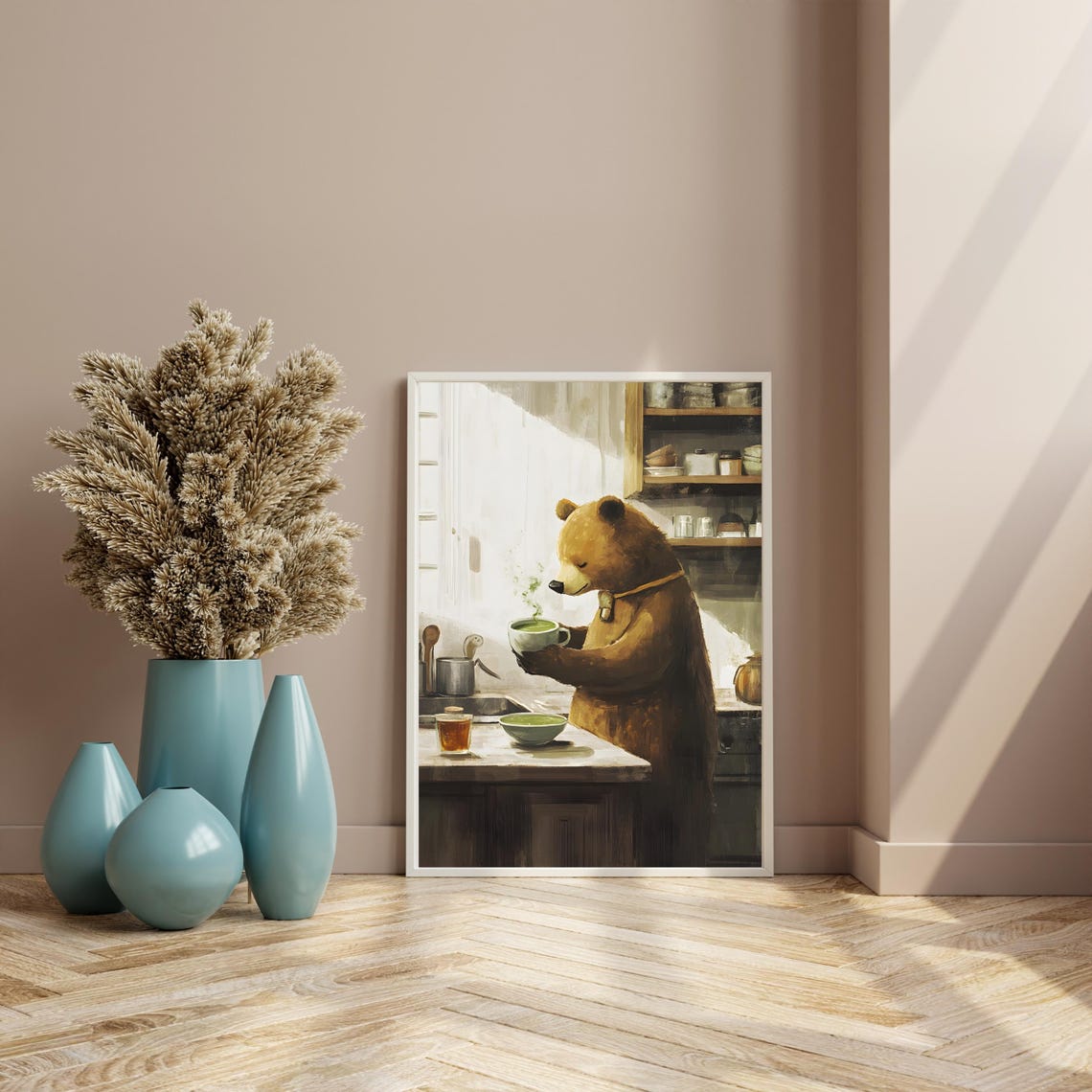Brown Bear Savoring Steaming Matcha Tea in Sunlit Kitchen Poster - Image 4