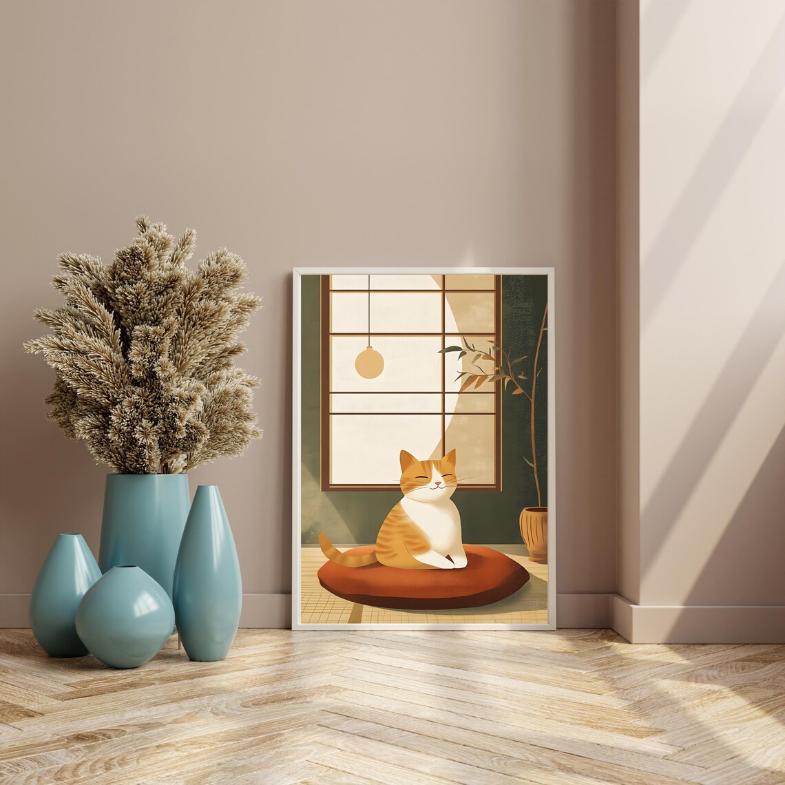 Peaceful Orange Cat Meditating on a Red Cushion Beneath the Moon Poster - Image 8