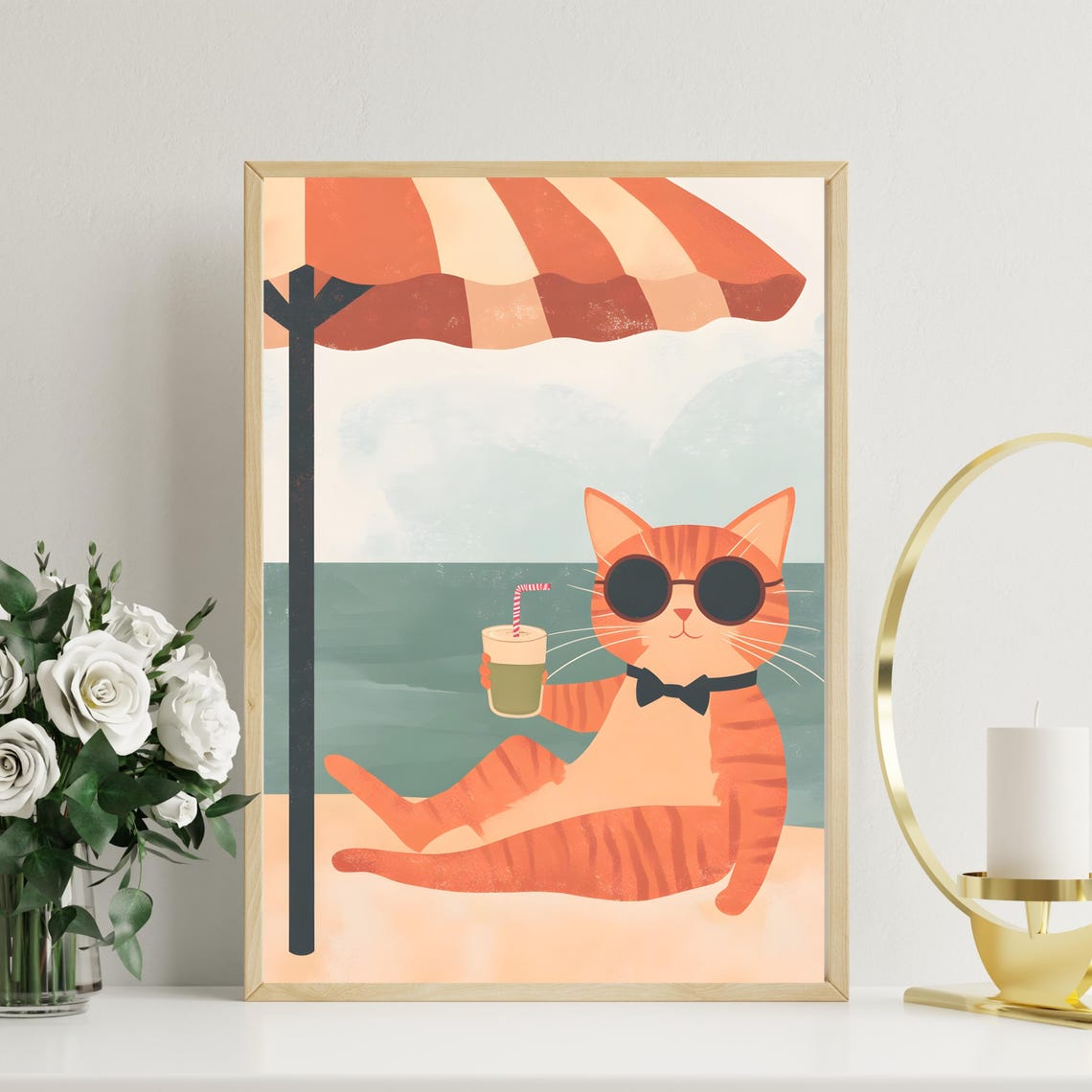 Orange Cat With Sunglasses and Bow Tie Lounging at Beach Poster - Image 2
