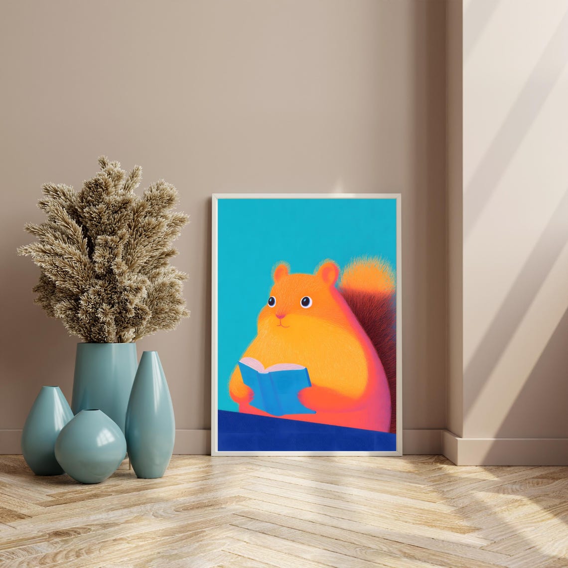 Chubby Orange Squirrel Reading Book On Turquoise Background Poster - Image 4
