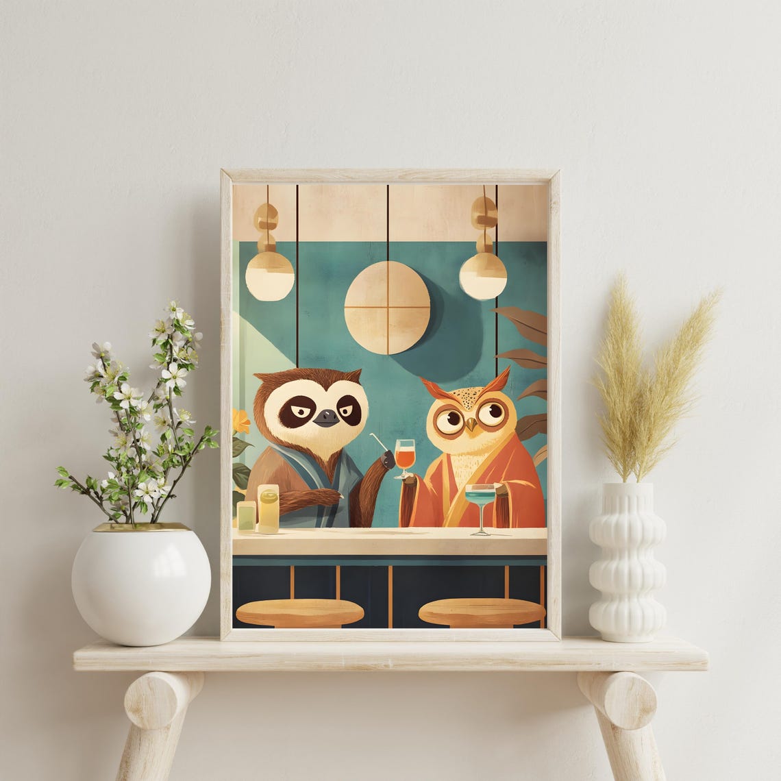 Owl and Sloth Drinking Cocktails at a Cozy Mid Century Bar Poster - Image 3