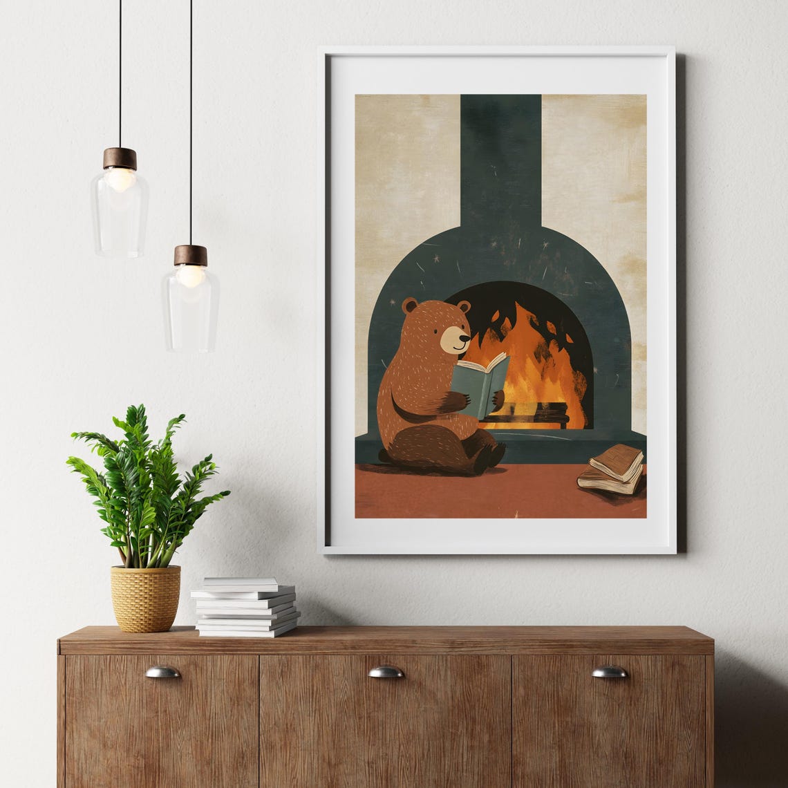 Cozy Brown Bear Reading a Book by a Crackling Fireplace Poster - Image 5